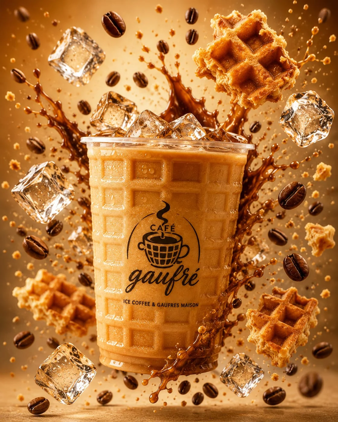 Café glacé Café Gaufré et gaufres dorées